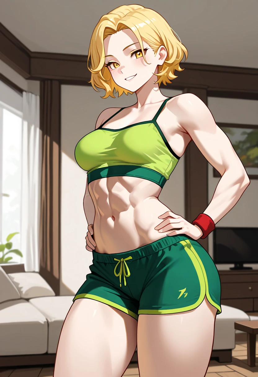 {{upper body, dutch angle}} {{Artist: sincos}} 1girl, young female, brown hair, short hair, hazel eyes, red shorts, black sports bra, muscular female, indoors, living room, standing, smiling, female baki hanma, pov.