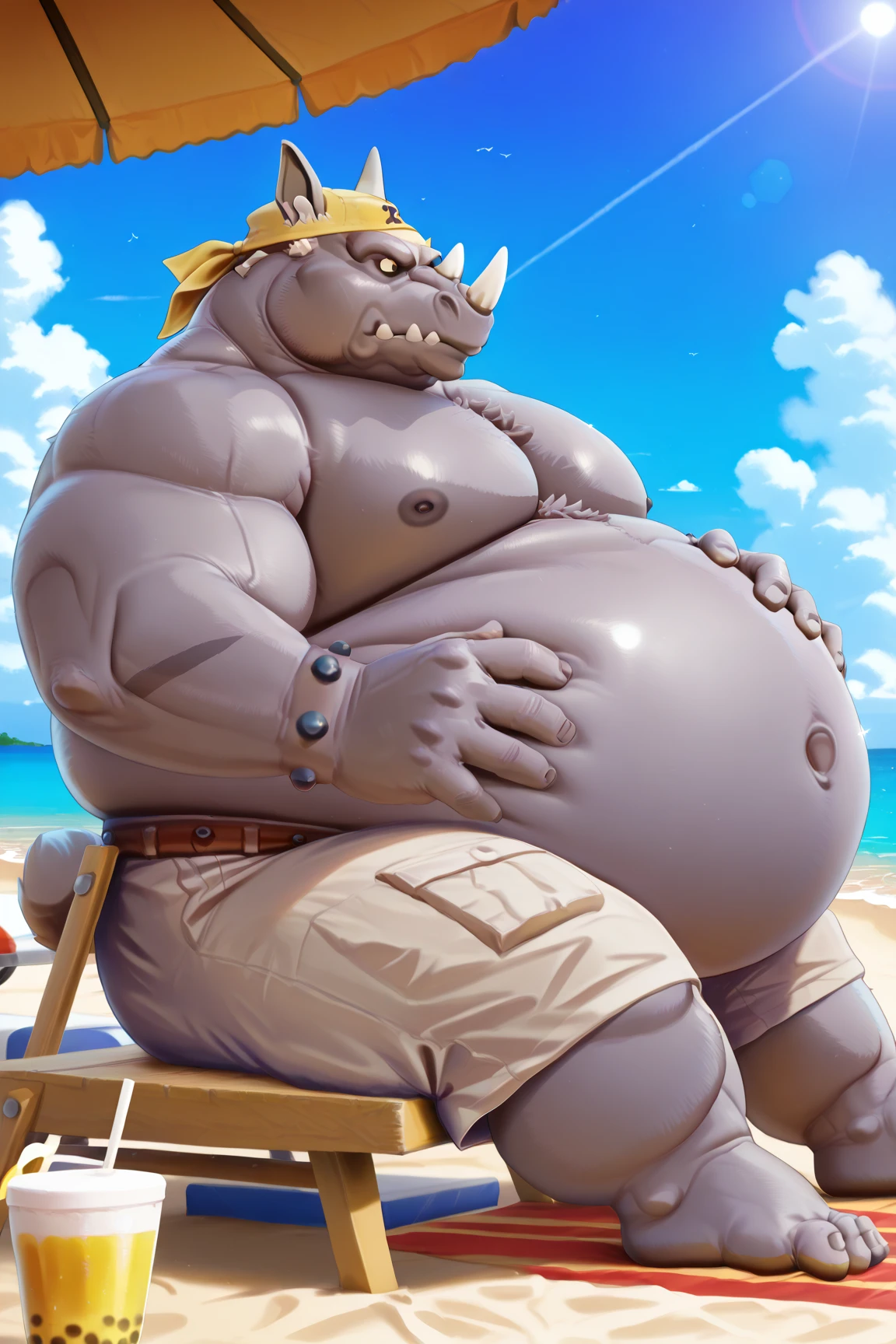 Fat Rhino big belly and large body and his big chunky body wearing sunglasses 