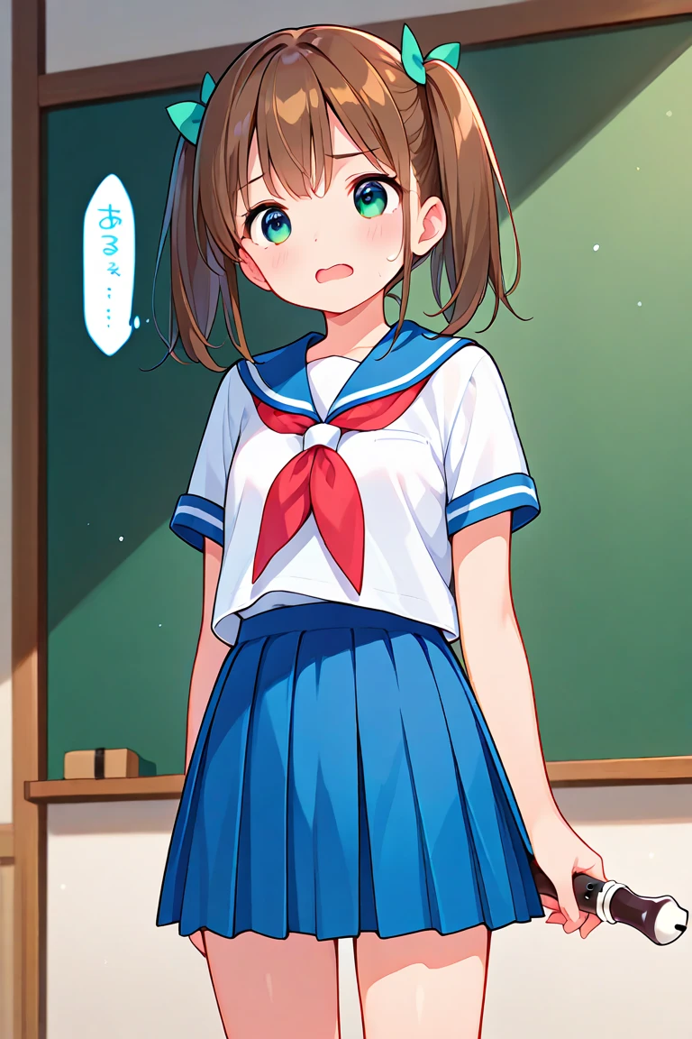 9 years old、One girl、Black Hair、Twin tails、Red hair tie、Navy blue sailor suit、Short sleeve、beret、mile、classroom