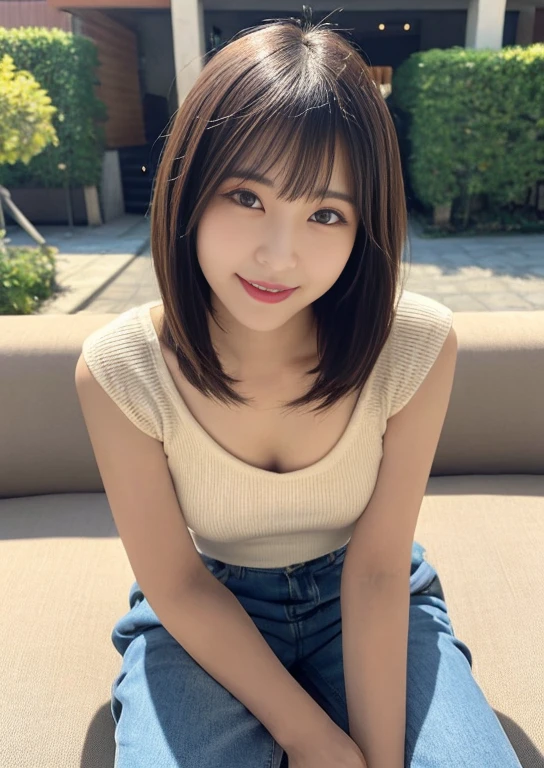 <lora:TWGirlPutBallsOnTableMix1:0.8>, huge breast, 1girl, solo, breasts, looking at viewer, smile, bangs, brown hair, shirt, sitting, upper body, short sleeves, teeth, indoors, medium hair, cup, hands up, window, v, table, plant, grey shirt, drinking straw, realistic, double v