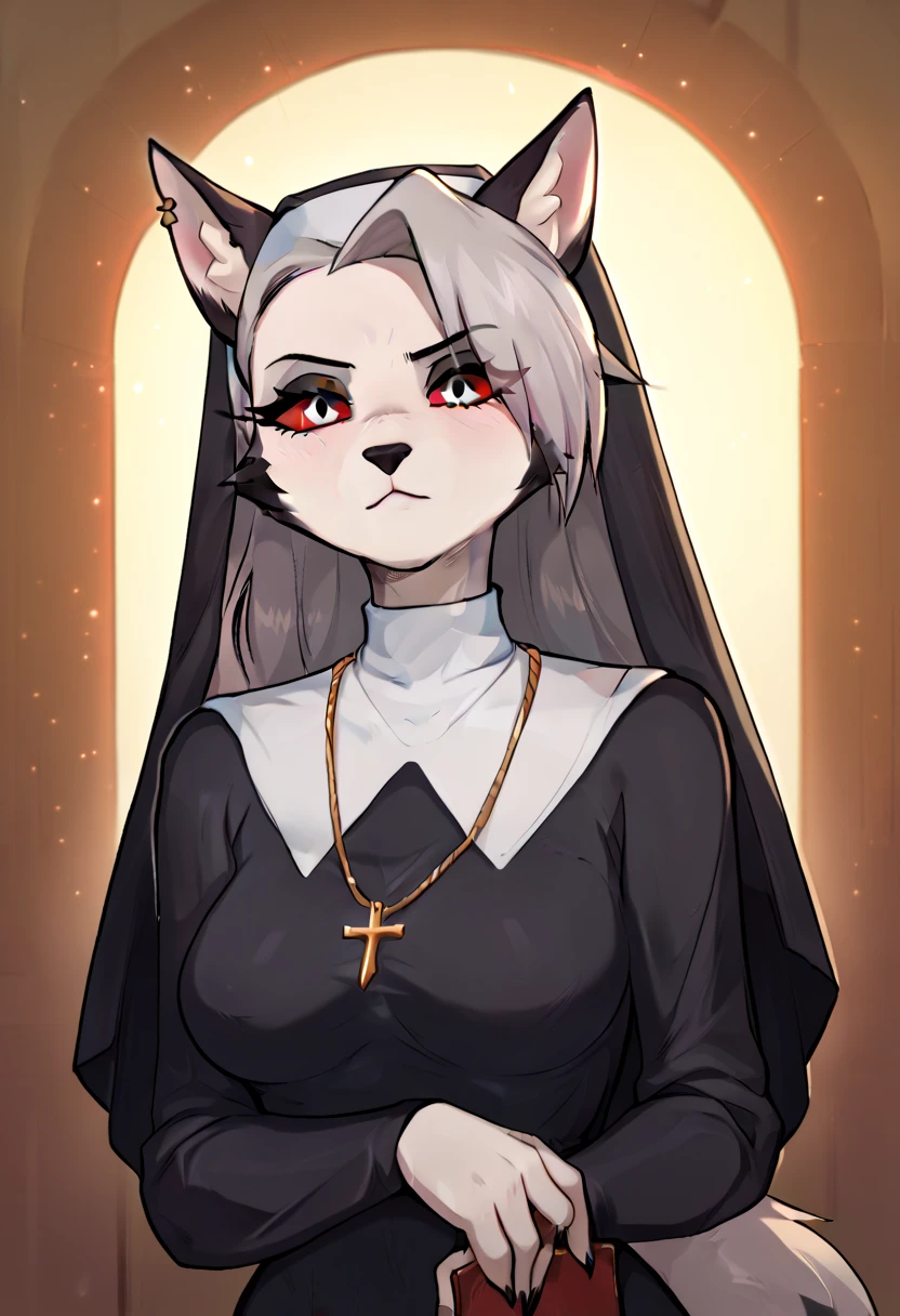 Girl, church, wearing a dog mask, open mouth, red eyes, sexual