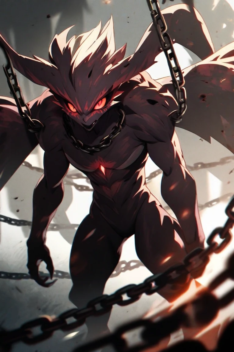 Large vertical mouth on torso, blood pouring from torso, sharp teeth, sharp claws,