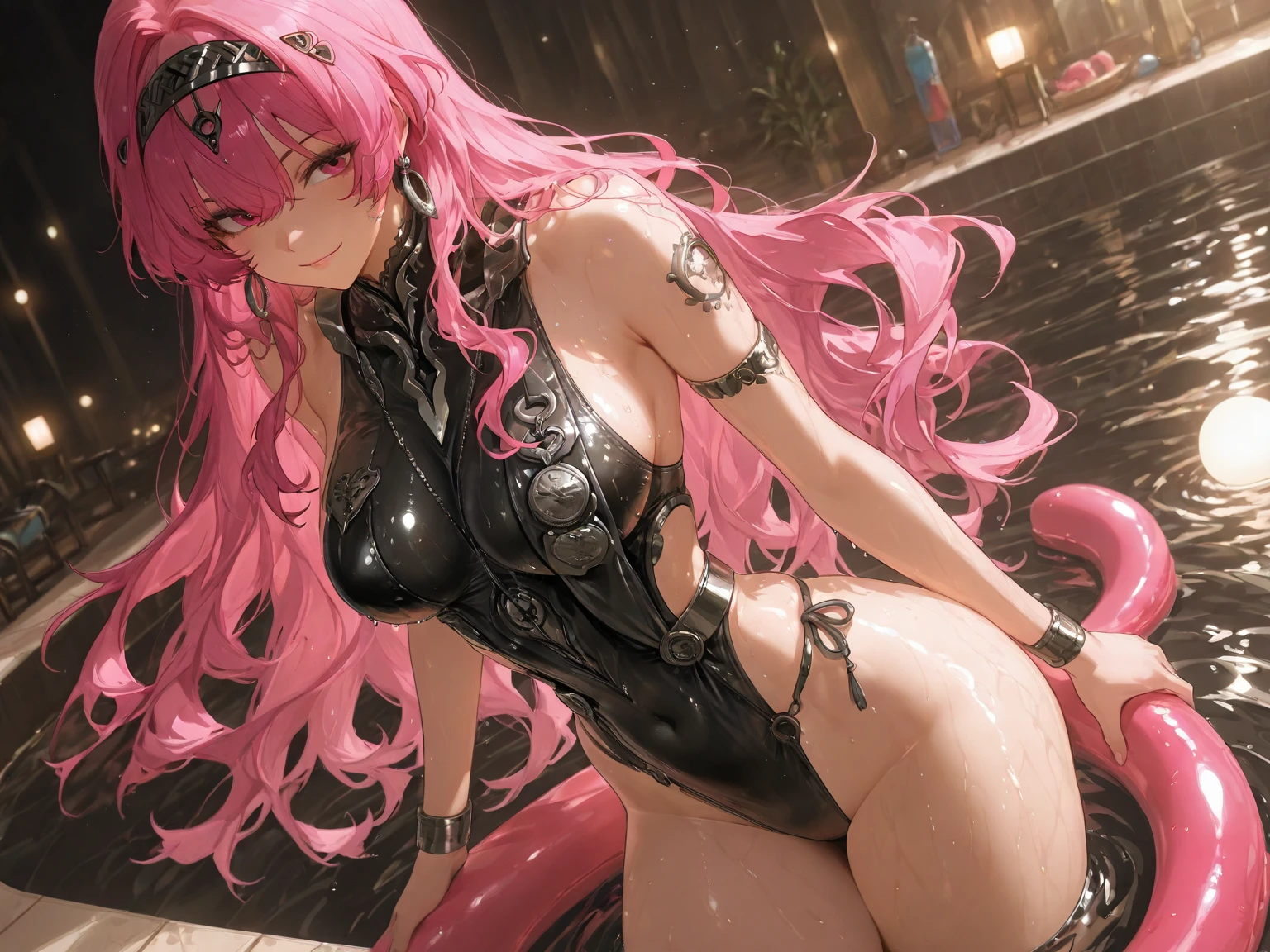 ((1 girls), solo, Big round breasts, thighs, hips, realistic, pink hair, blonde hair, light green eyes, lip gloss, detailed face, amazing big eyes, eye details, big lips, eyebrow details, blush, confident, dominant, bdsm, smirk, naughty, mischevious face, HD, good quality, curvy, standing up, thick thighs, attractive, amazing body, perfect body, slim thick, black bikinis, indoors