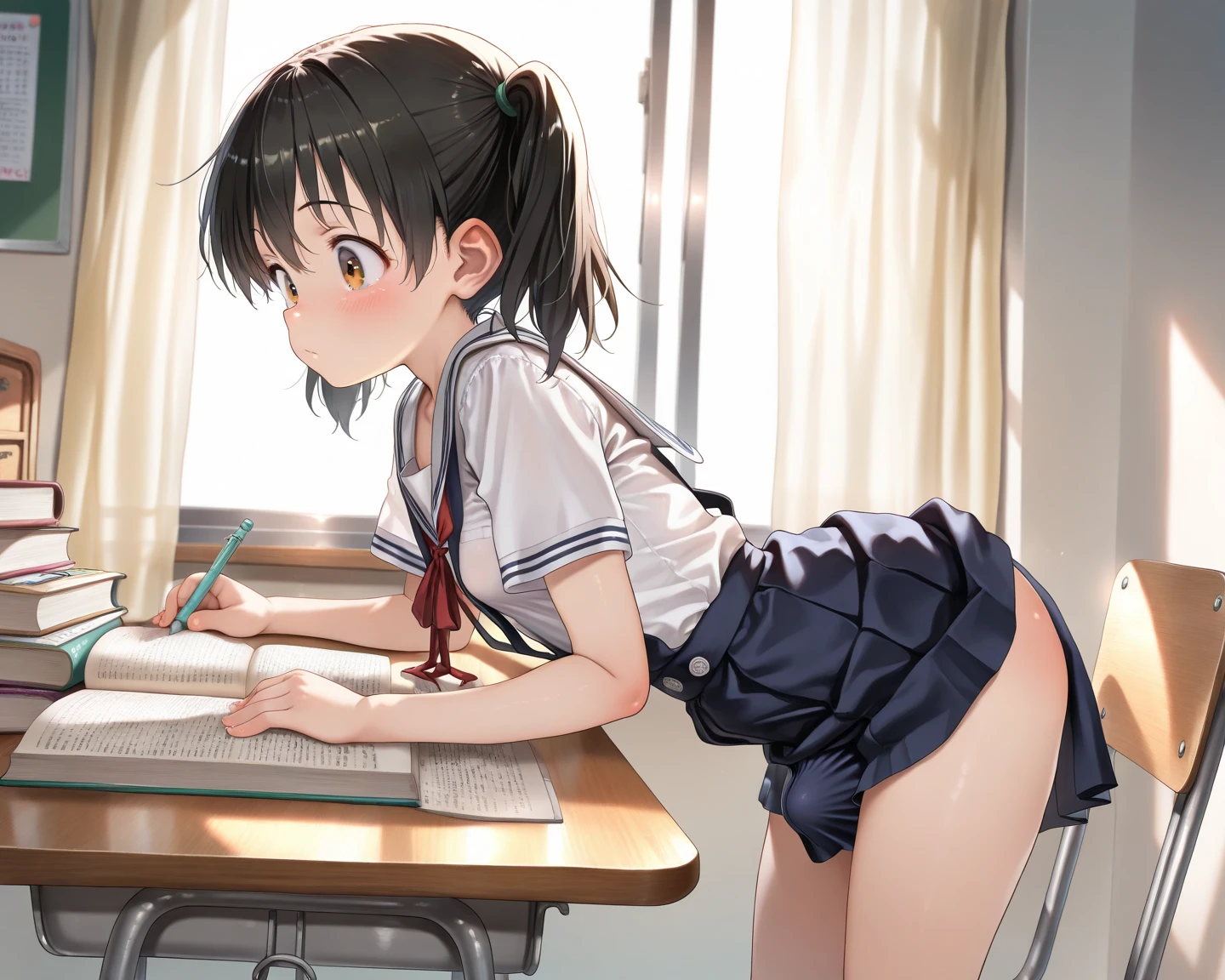 garota de anime em um uniforme escolar apoiada em uma mesa, Little Curvy , uma aluna hiperrealista, aluna hiperrealista, menianime bonita agachada, curvando-se, the anime girl is crouching, sem calcinha, de baixo, from behind, Curvo, bunda perfeita, Shot from behind, hand on ass, espalhar a bunda, abrindo a bunda, open sky , Butpussy, buceta, Erotic, pornographic, NFSW, Como, Ahegao