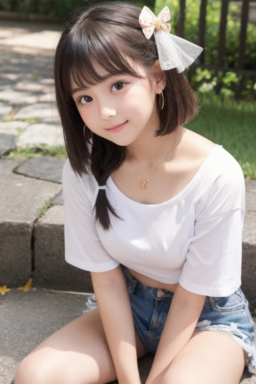masterpiece、High resolution、Official Art、Japanese,Beautiful girl at :1.85,Baby Face:1.85、Ultra-flat chest:1.85、Ultra short height、Smiling with teeth showing,cute,Primary school students,女子Primary school studentsの私服,Summer clothes、clavicle、Black Hair、Nipples are visible、In the park、Childish、semen、Wet whole body
