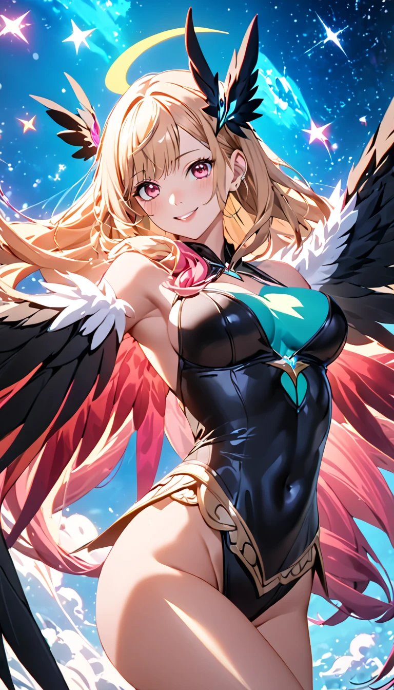 ((Best Quality)), ((Masterpiece)), (detailed), perfect faces, (blonde hair), blue eyes, large breast, sexy, ((purple color bra))), (((purple color underwear))), (((purple color lingerie))), cum in pussy, breast milk, angel wings