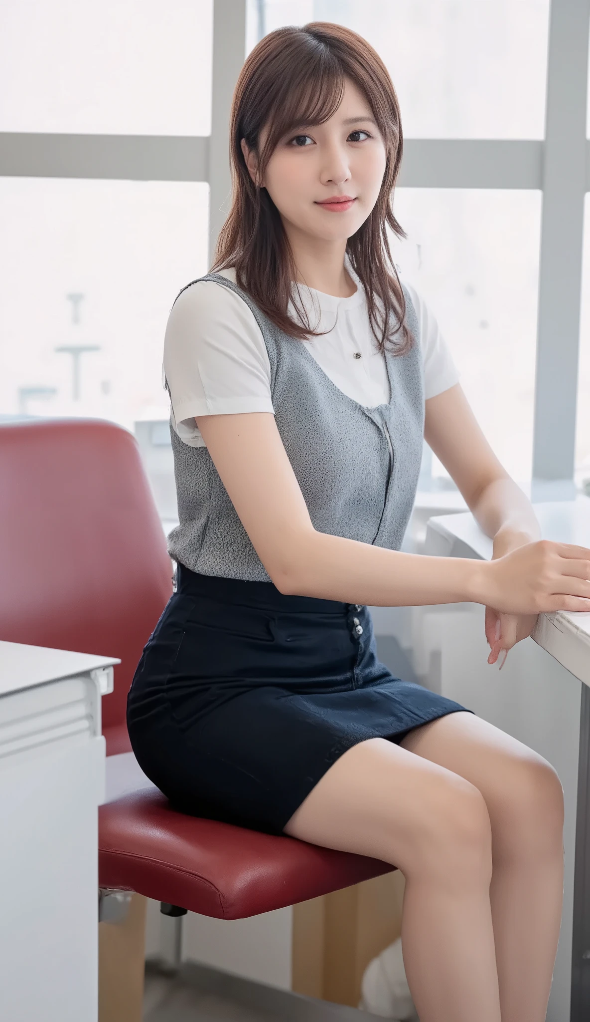 "Ultra HD,masterpiece,takashima_aya, gravure photo,Focus on the lower body, frontal shot,she's sitting at her desk in the office,BEST SHOT FROM THE FLOOR,Japanese office lady, OL, wearing a white short-sleeved blouse ,She's wearing a gray buttoned vest,I'm wearing a tight black pencil skirt,skin colorのパンストを履いている、black high heels. Her hair is longer than her shoulders and tied at the back, her hair framing her face, and、Seductive Expression. The lighting is soft,