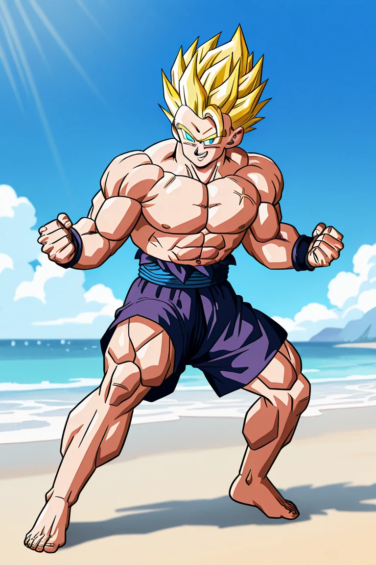 (Eine detaillierte Zeichnung von broly , Bodybuilding-muskelstrand.), With bare upper body, Kleidung boxershorts, the strongest of all, huge muscular body, big Bizeps, large shoulders, Muskelbeine,Abs, barefoot, Toes , Full body image , flexing muscles on the Beach 