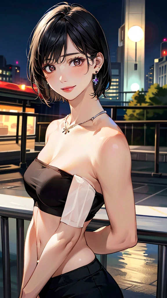photo of mlp Meowko, RAW, beautiful woman, ((portrait)), ((detailed face:1.2)), ((anime face, anime facial feature, clear skin, glossy anime lips, clear skin), (short messy lesbian haircut, brunette: 1.55), (perfect proportioned body, Strong, muscular, narrow waist, narrow hips, skinny, large breasts, cleavage), arched back, (revealing clothes, wearing Flowing Black Dress, dress falling down off shoulders, getting undressed, gothic fashion, lace and velvet, pale skin, dark makeup), (city balcony, midnight city, stary sky), (realistic photo, best quality, detailed), (8k wallpaper), (cinematic lighting, beautiful light, (night:1.3)) (sharp focus, intricate)