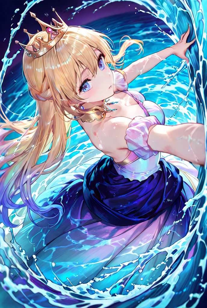 最high quality,table top,1 girl, Bright yellow eyes like jewels,yellow hair、ponytail,, magical , Princess, adventurous girl, OK, smile、nymphomaniac, high heel boots, gloves, zettai ryouiki, earrings, natural otaku, moonlight,under the moon,At night,full body shot、masterpiece, high quality, High resolution, alone、(masterpiece:1.6、最high quality), (OK and beautiful eyes:1.2), 1 girl, Ocean、tropical beach、((white dress))、perfect hands、blush、crossed legs,look up(masterpiece:1.6、最high quality), (OK and beautiful eyes:1.2), 1 girl, Report、perfect hands,((Peeking out from directly below))、(((shoot from below)))、turn your arms behind your back、be quiet, From above,lie,Ocean View、世界一の絶景なるOcean辺,;do not interrupt prompt。半分Oceanに入っている、Oceanに浮かんでいる,m shinobu heart under blade