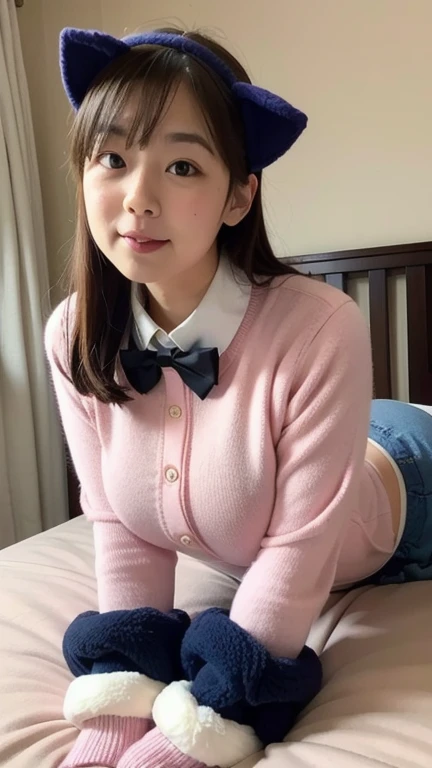 masterpiece, Highest quality, High resolution,8k, 1 hair clip, Tokiwadai School Uniform 、Tokiwadai school emblem on the left chest、Grey Skirt、Realistic,Bedroom、Lying in bed、smile、Roll up your skirt to show your underwear、Pure white panties、Grey Skirtを履いてる