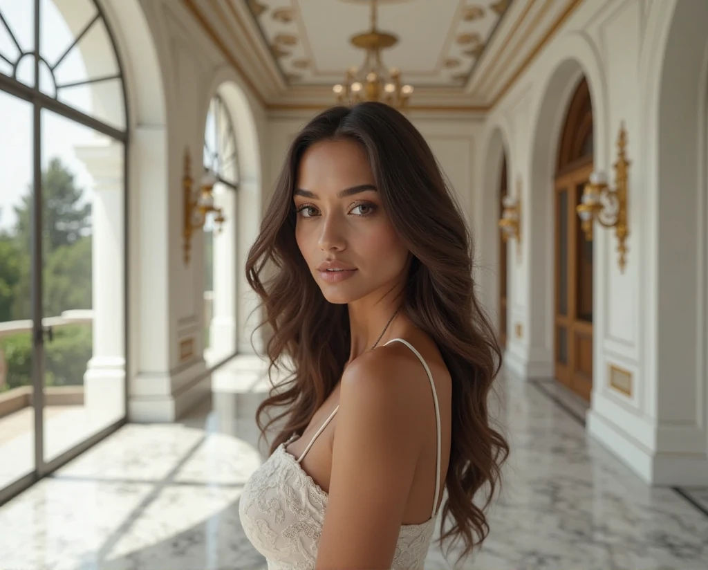 full body portrait photo of a 25 y.o. charming godess, (detailed facial features) (extra long wind blown wavy brown hair:1.6), realistic eyes, best smile, nice legs, wearing (white antique roman dress:1.3), in the background (antique Rome environment:1.5), best quality, ultra-realistic photo HD 8k high definitive ultra-detailed, cinematic light, side lighting, ultra high resolution, best shadow, RAW,