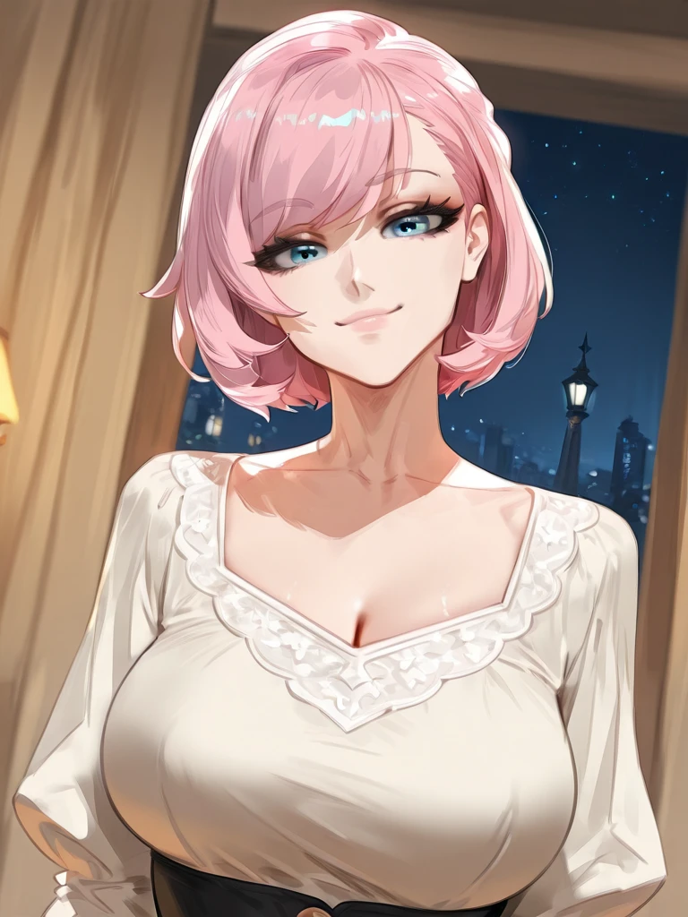 Perfect face. Perfect hands. A pink haired woman with purple eyes with an hourglass figure in lace dress is sitting on a rooftop with a big smile
