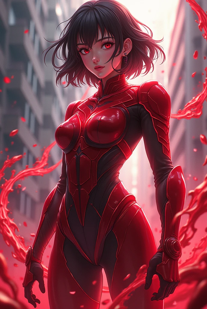 Anime style. Black haired with a layered bob, green eyed supervillain wearing a red and black skintight power armor and wielding immense energy powers, standing triumphant in the still burning ruins of New York. An evil smirk crosses her thin glossy red lips. People in the background are dying.