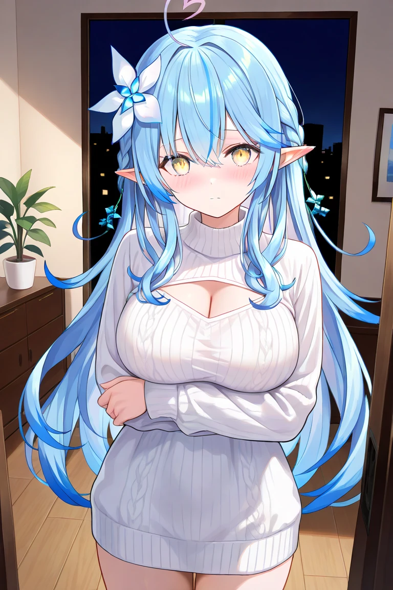 masterpiece, best quality, 1girl, tomoe gozen, torino style, glowing red eyes, smug smile, long silver hair covering one eye, silver long hair, elf, oni horns, cozy sweater, bare shoulders, cleavage, hands behind back, dramatic lighting, vibrant colors, cinematic composition