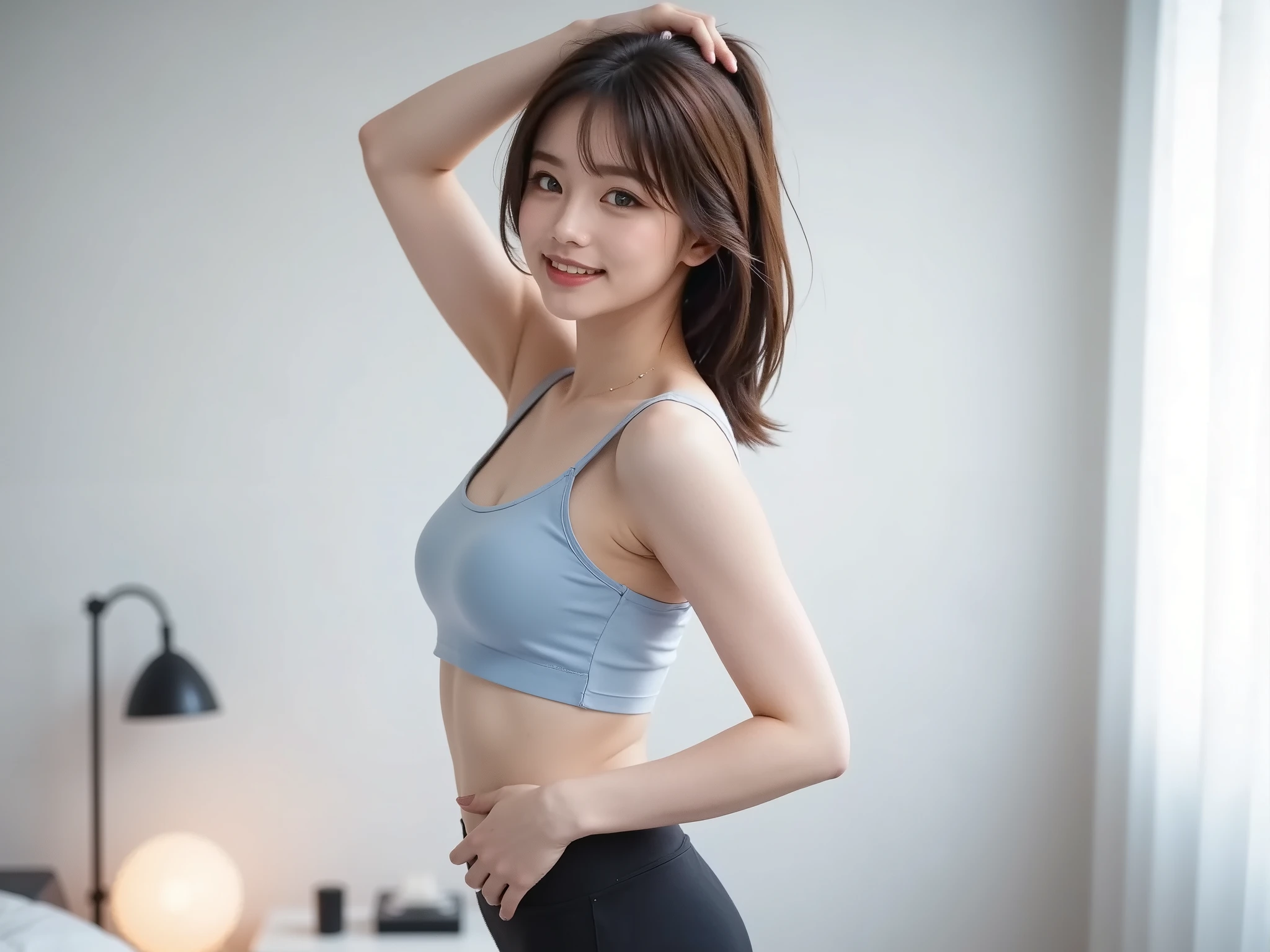 (one girl:1.3), Short hair, Amazing face and eyes, Looking at the camera, Smile full of joy、show teeth、Raise your hands behind your head、Show the armpits、(swimwear:1.2),(Best Quality:1.4), extremely detailed CG unified 8k wallpaper, Highly detailed, High-definition raw color photos, professional photograpy, Realistic full-body shots, Filming in the studio、Plain wallpaper, sexy portrait of girl, Open exterior