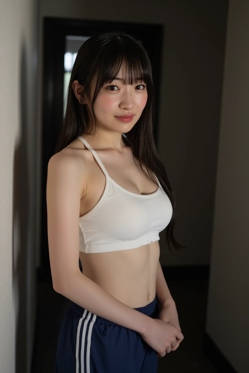 bestquality, (RAW photo: 1.2), (masterpiece: 1.4), (Realistic: 1.4), (high-res: 1.4), Chinese actress Guli Naza, Depth of Field, intricate detailed, 10, Very detailed, perfect lighting, Epic Background, Thai High School Uniform (masterpiece, 10, photorealistic portrait, RAW photo, bestquality, sharp: 1), (1girls, bara:1.1), high detail face, Exquisite Face, (realistic face), beautiful hairstyle, Realistic eyes, beautiful detail eyes, (Realistic skin), nice skin, ultra-high resolution, ultra realistic, high-detail, (pureerosface_v1:0.2), (Ready-made European s:1.2), (Japanese teenl:0.7), (age is 18 years old, A Beautiful Girl:1.3), (loli:1.3h nose, Slim body, Slender Girl, Chest bracelet details, slim thigh, Thin legs, small hips, (white tank tops:1.3), Underboob Show, Half striptease, ((Navy tight sailboat)) (Cut the bowl short............, blunt bangs), ((In the women's locker room............)), (looking back), , (From Top:1.0), ((Inverted bones, bench)),See firsthand., Seductive smile..Big breasts.Beautiful cheerful smile.