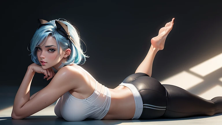 1 woman, ((Erotic:1.4)),(nsfw:1.3), ((sports bra 1.2)), (expose your chest), pov, struggling:1.2, (look at me), (woman), (milf:1.2), (30 years), (wrinkles:0.3), (work out clothes), ((undercut blue hair)), ((blue hair)), amateur, (big nose), adult lady, mature lady, adult, mature, ((Busty)),  ((dark eyes)), (choker), ((Blue Hair)), ((undercut Hair)), fair skin, pale skin, (centered), (yoga), yoga struggle, sweaty, blushing, submission
