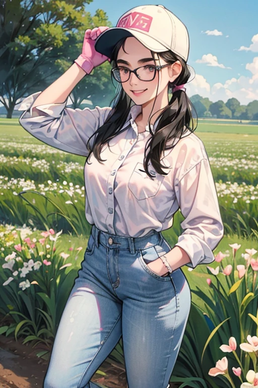 A freckled, glasses-wearing mature woman with black hair tied up, wearing a white long-sleeved flannel shirt, blue jeans and a baseball cap, working in the fields in winter while smiling and wearing rubber gloves and white rubber boots　Thick eyebrows　Long pink rubber gloves