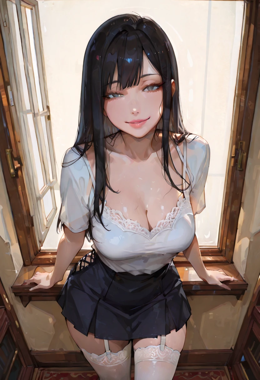 woman, yor briar, large breasts, black hair, earrings, white hairband, hairband, long hair, sidelocks, bare shoulders, collarbone, dress, long sleeves, off shoulder, off-shoulder dress, off-shoulder sweater, pantyhose, sweater, sweater dress, thighs, standing, (wetting herself:1.5), best quality, ultra-detailed, HDR, studio lighting, professional, vivid colors, sharp focus, bokeh, landscape, love hotel, bar counter, night, window, cityscape, colorful city, neon lights, futuristic, science fiction, soft lighting, dynamic shadows, (embarrassed:1.5), (humiliation:1.5), (blushing:1.5), (wavy mouth:1.75), (smile:1.5), nervous, (nervous smile:2.0), (sweating:2.0), facing viewer, (hands on hips:2.0)