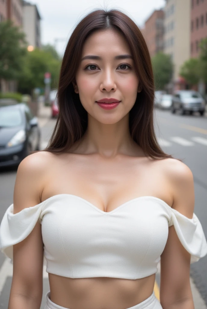 A MILF,Beautiful face,A MILF, Beautie, 40 years, Wrinkles at the corners of the eyes,blush、Seductive smile、naughty expression、Heavy breathing,Full body shot, masutepiece, Best Quality, (Photorealistic:1.4), a photography of a beautiful woman, 3 point perspective, Smiling, Red lips, Perfect face, Detailed face,Strapless_Neon Color One Piece Swimsuit ,highleg_Wedgie suim suits:1.2、thong one piece swimsuit:1.2,、(standing nipple:1.2)、(a pixie cut_boyish),Outdoor photography_On the streets of the city、during daytime,