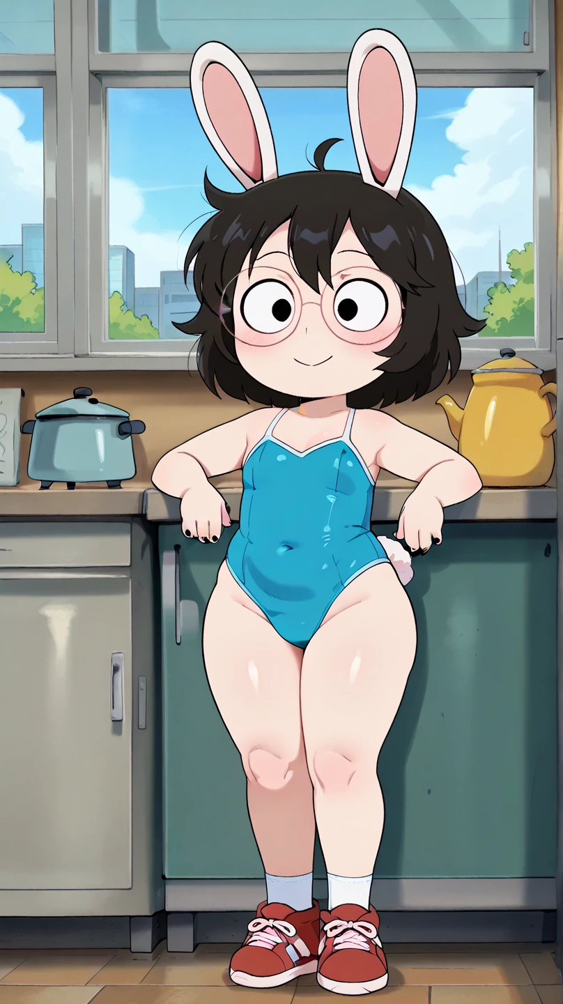 ((best quality)), ((masterpiece)), (cartoony style), perfect face, male character, ((femboy)), cute boy, (japanese schoolboy), (japanese school light blue summer sailor uniform), wet clothing, ((light brown thin skintight bike shorts)), wet shiny light brown spats, sweaty reflective light brown short spandex pants, (bottom heavy), big butt, wide hips, ((thick plump thighs)), (visible bulge in pants), (flat chest), small breasts, slim belly, fair skin, (short split brown hair), big hazel eyes, ((detailed eyes)), red cheeks, blush, (smug smile), ((bratty expression)), ((sweaty)), steaming breath, aroused, (japanese school background), teasing pose, dynamic view, dynamic perspective