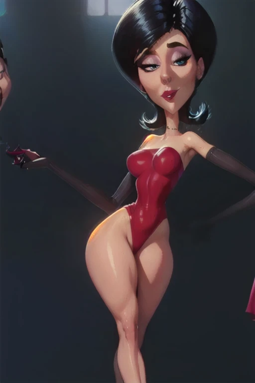 1girl, solo, helen parr, brown eyes, domino mask, looking at viewer, sexy red lingerie, wide hips,
score_9, score_8_up, score_7_up, score_6_up, source_anime, outside, cyberpunk city, night, neon light 