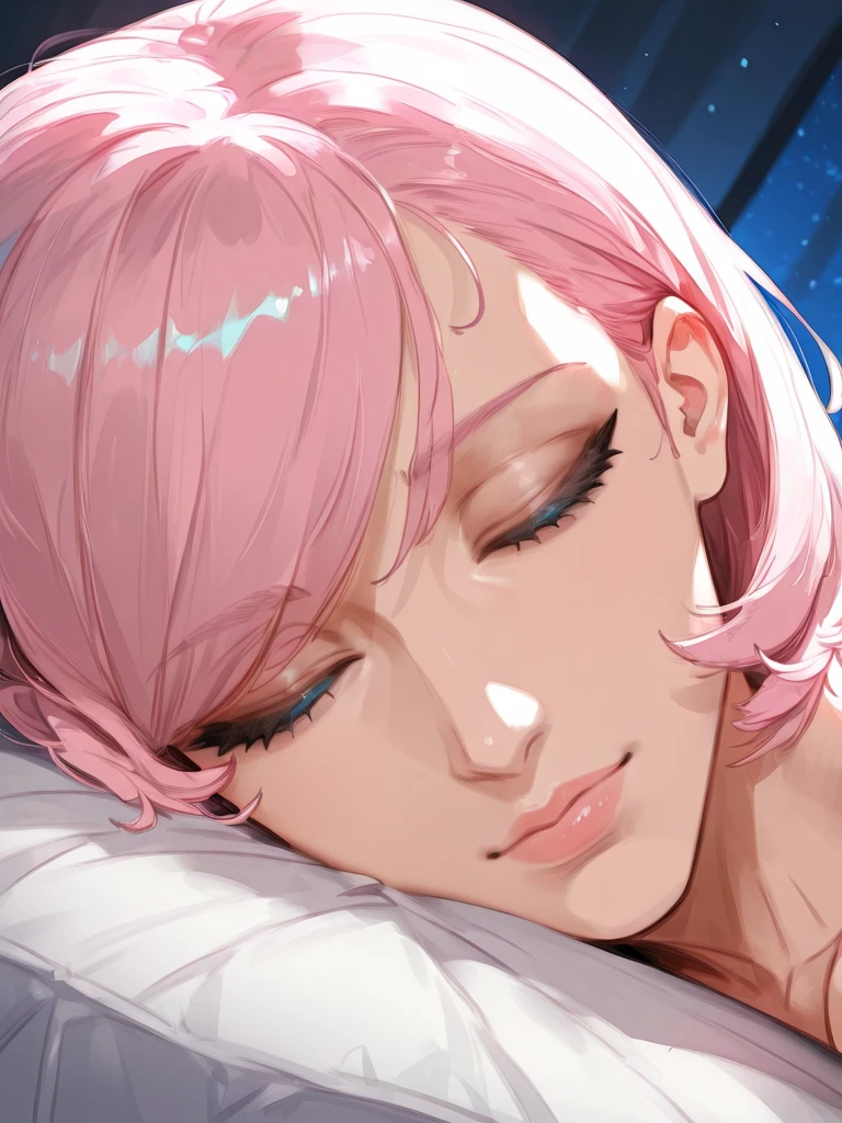 A girl with long pink hair, white slip dress, delicate face, thin waist, milky skin, sexy, clear cleavage, lying on the side of the bed, eyes closed, sleeping