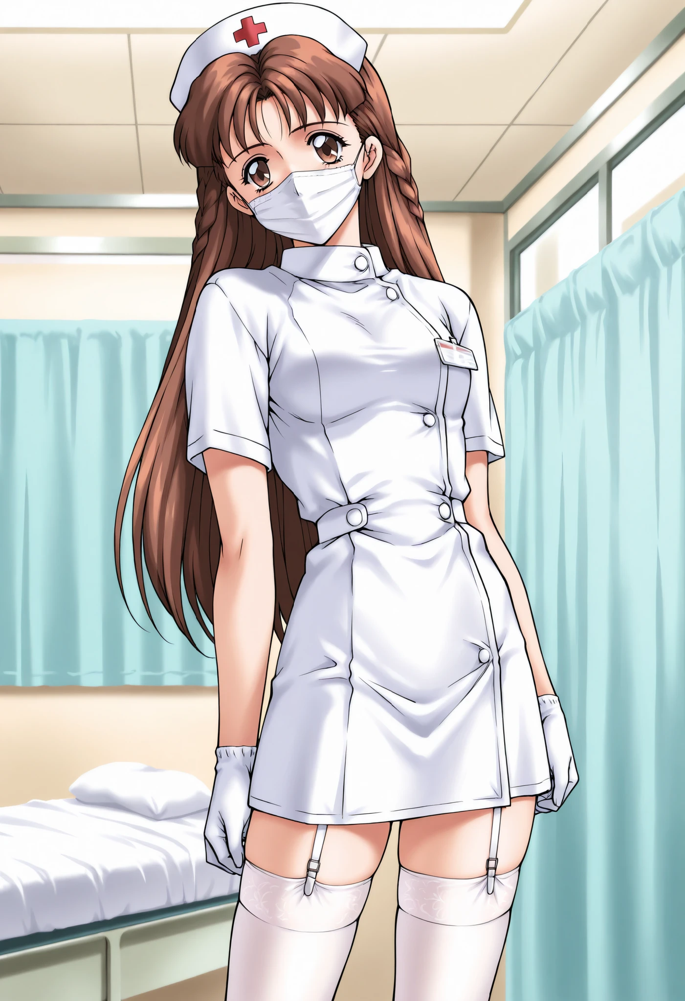 Score_9, score_8_up, score_7_up, source_anime, anime coloring, retro artstyle, 1990s (style), wakatsuki_anna\(houkago_renai_club\), 1girl, solo, brown hair, long hair, side braid, brown eyes, (best quality), (high quality), {masterpiece}, extremely delicate and beautiful, ultra-detailed, beautiful detailed eyes, nurse, nurse hat, ((white nurse's outfit)), white gloves, white thighhighs, hospital room, ((white mask, mouth mask, covered nose)), standing