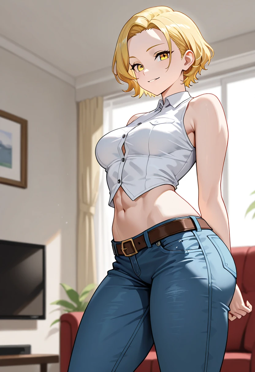 Anime girl with black top and jeans posing on the sofa, seductora chica de anime, pose casual, Thicc, Anime CG arte suave, Artgerm extremadamente detallado, | Anime de detalles finos, Atractiva chica de anime, Lleva una camiseta negra sin mangas, Postura relajada, Retrato de cuerpo entero de un corto!, Usar ropa casual, commission for high resolution, small curvy loli