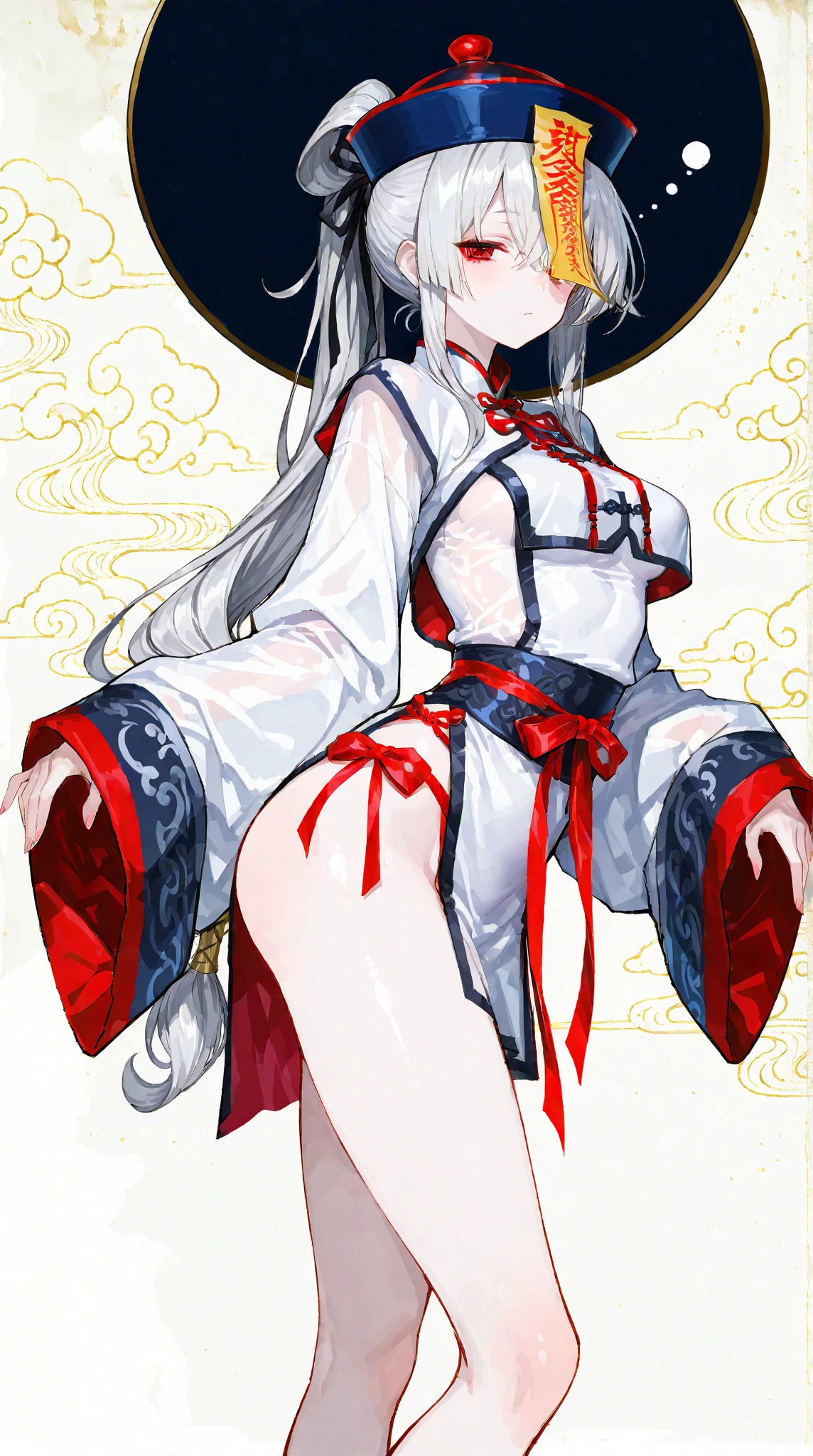 1woman, long white hair, one bun, closed eyes, serious face, white kimono with black fire print, long white stockings, black sandals, katana on the back, , big ass, mountabackground