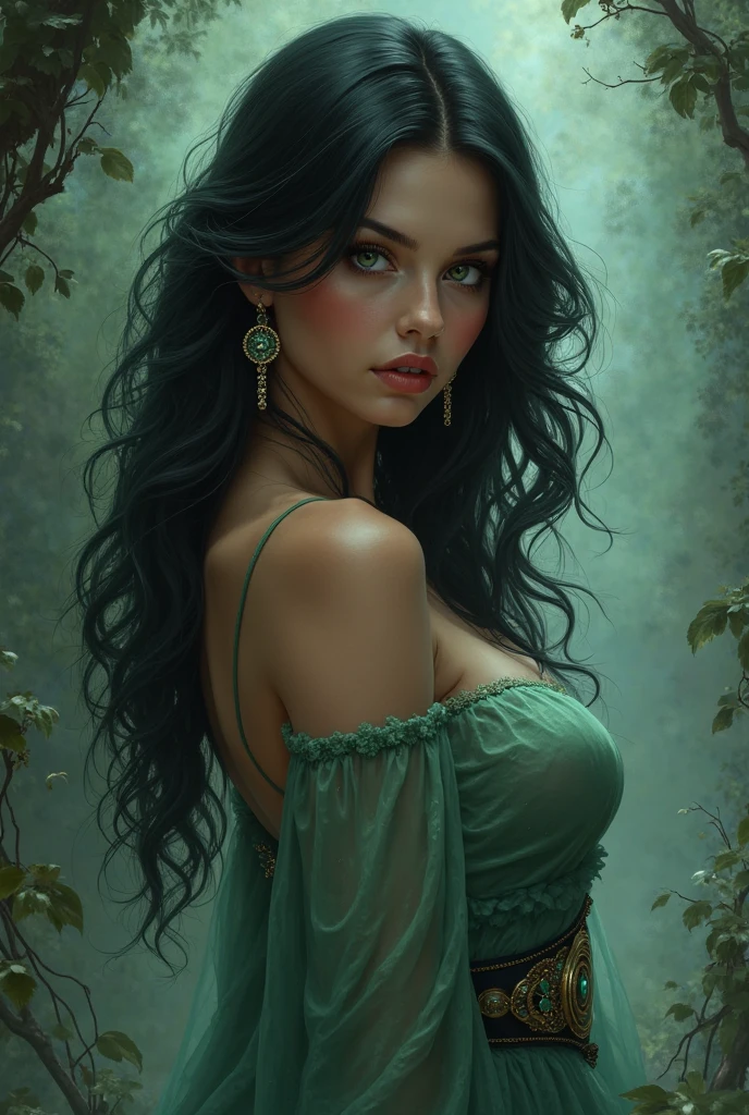 I want you to make a picture of a Brazilian woman with black hair and bangs wearing a big dress with some swamp elements stuck to the dress.