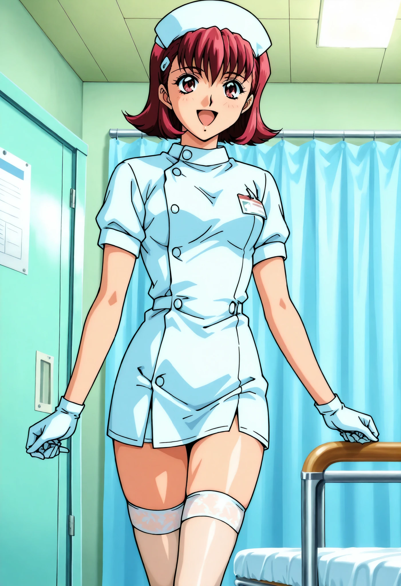 Score_9, score_8_up, score_7_up, source_anime, anime coloring, retro artstyle, 1990s (style), shindo_kazumi\(houkago_renai_club\), 1girl, solo, red hair, short hair, red eyes, (best quality), (high quality), {masterpiece}, extremely delicate and beautiful, ultra-detailed, beautiful detailed eyes, nurse, nurse hat, ((white nurse's outfit)), white gloves, white thighhighs, hospital room, smile, open mouth, standing