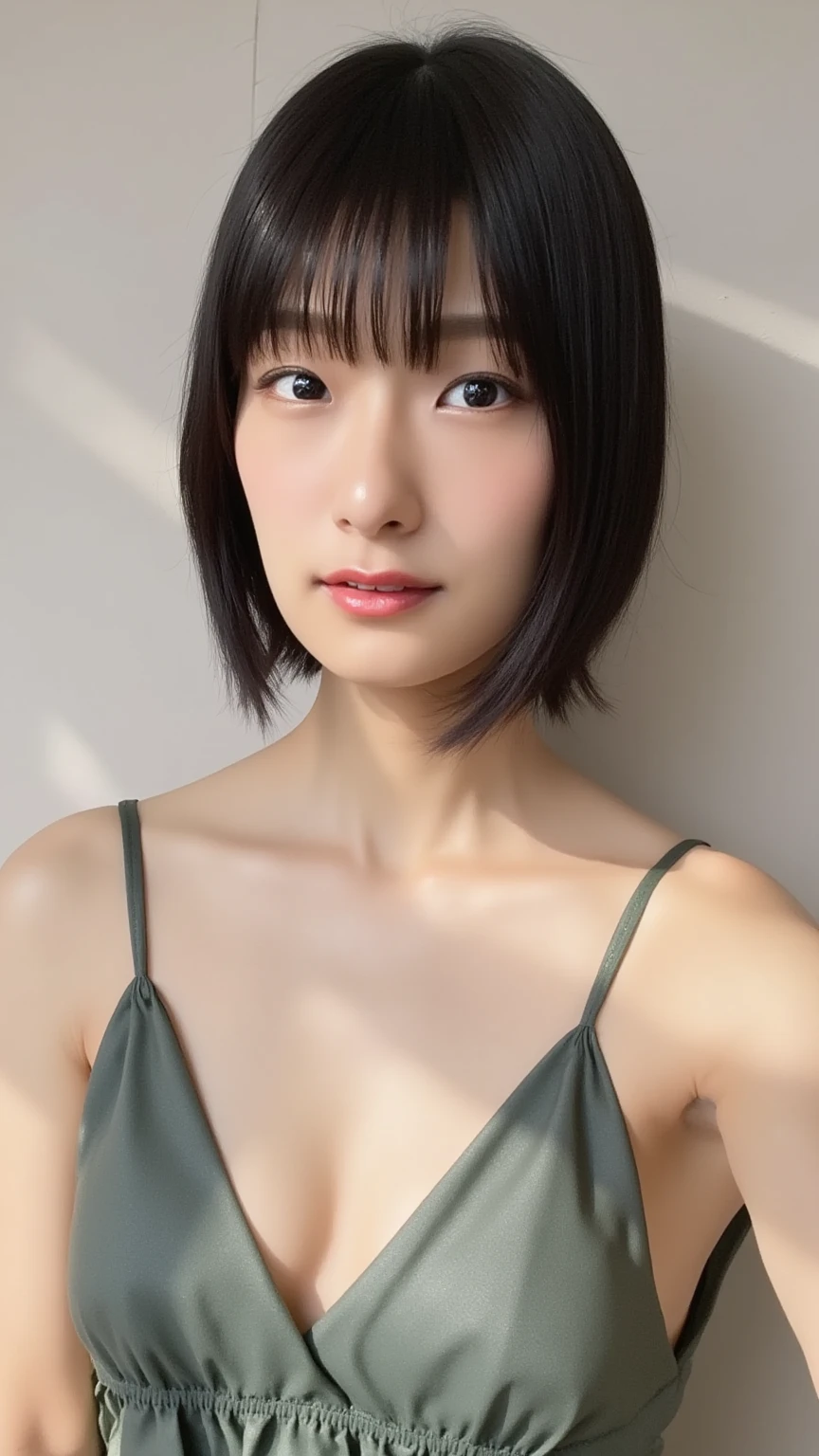 ８ｋ、close-up image、clear eyes、thin legs、skinny、high nose、beautiful skin、no makeup、slimming、Place your hands behind your body、fold your hands behind your back、、very cute、long jaw、short hair、beautiful girl、thin lips、Transparent face