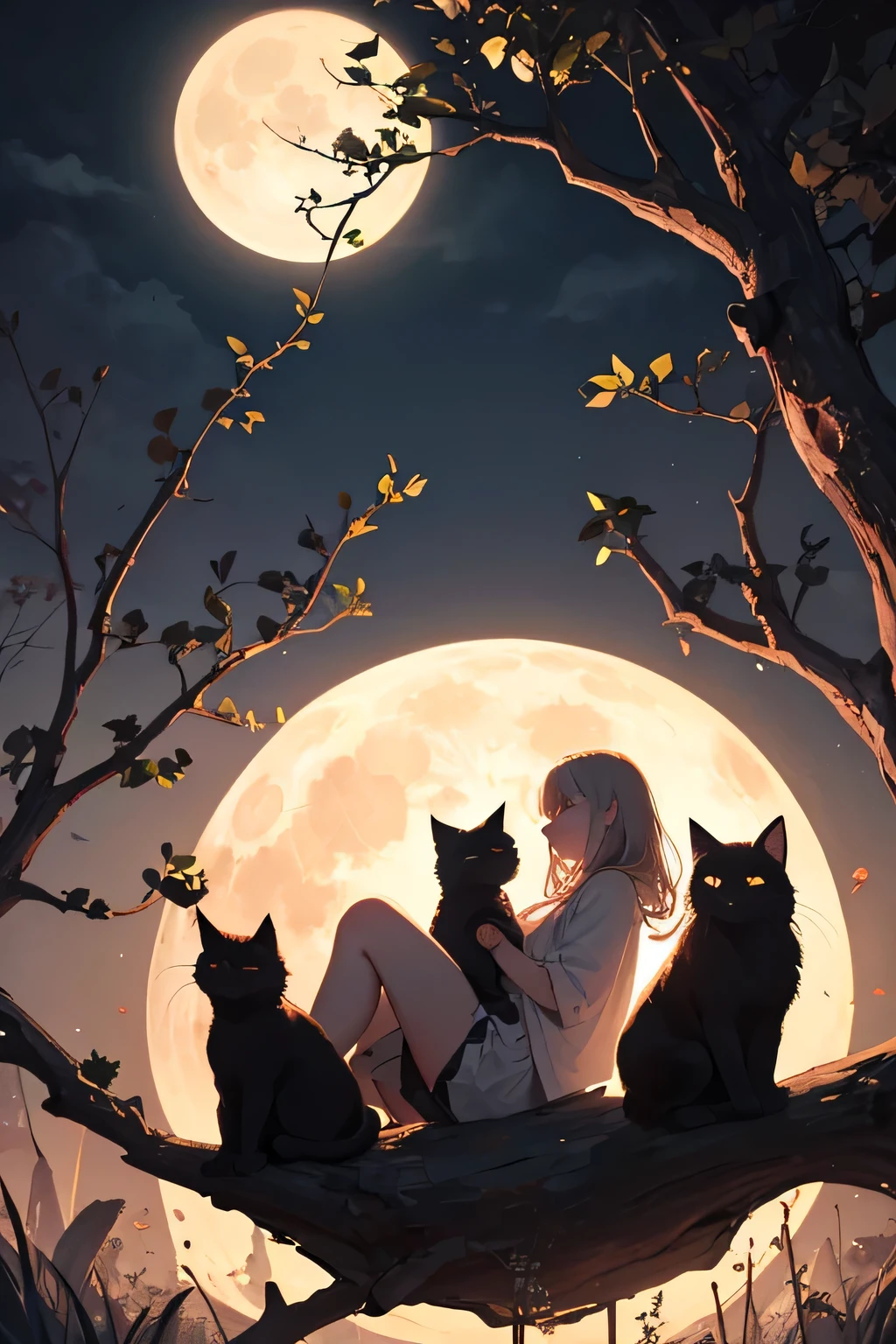 Please draw what you like.8k,Romantic and sweet style,night,Backlight,Girl sitting on a branch,Holding a black cat,There is a big full moon behind,Fresh colors,Soft colors,Concept Art Style,Very intricate details,Clear distinction between light and dark,structured,Ultra HD