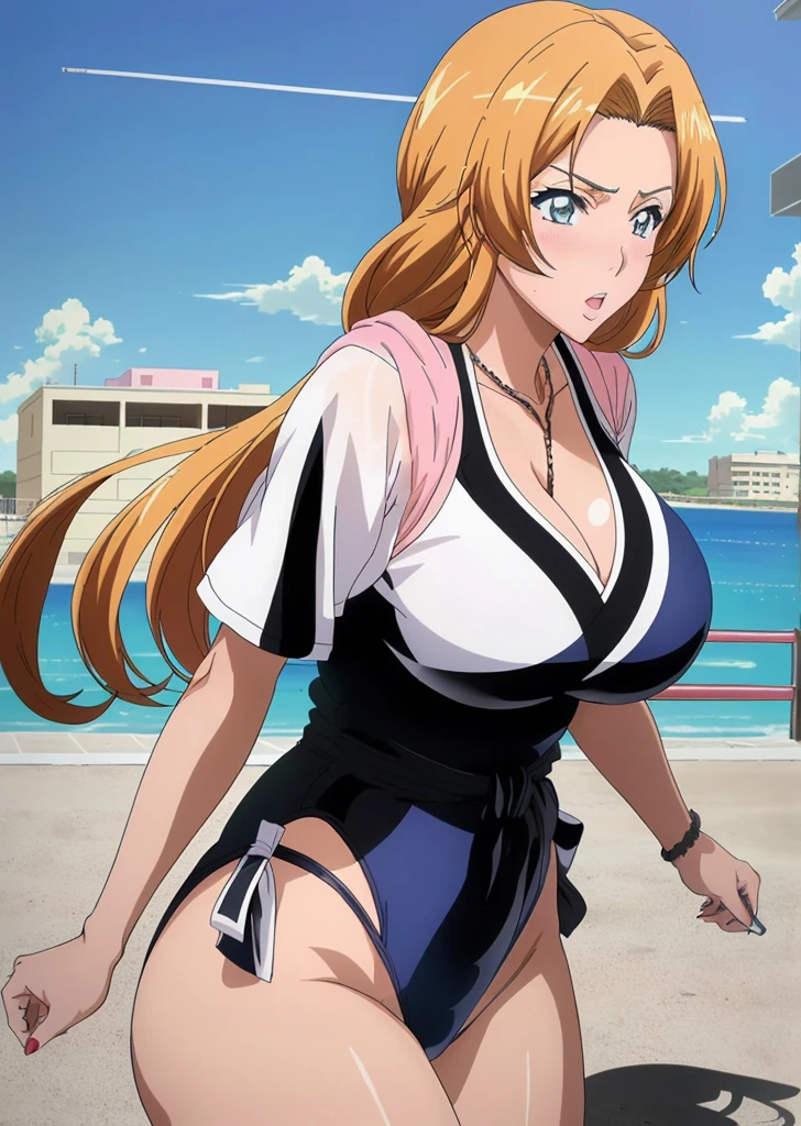 Rangiku Matsumoto、Orange Hair、Long Hair、Grey Eyes、Parted bangs、Wavy Hair、20s style、Big Breasts、A woman with very large breasts、Adult、Sexy look、Relaxed facial expression、Green leotard、gym、Are standing、1 female、plain leotard、solo、Long sleeve、High leg、U-neck、masterpiece、Highest quality、High resolution、Perfect lighting、Toned body、Tall Woman、Highly detailed CG、leotard with an green、Perfect hands、leotard sleeve with an long sleeve、leotard neck with an U neck、leotard waist with an high leg、Perfect Anatomy、Stylish pose、Stylish angle、Looking at the audience、centered in picture、Cowboy Shot、