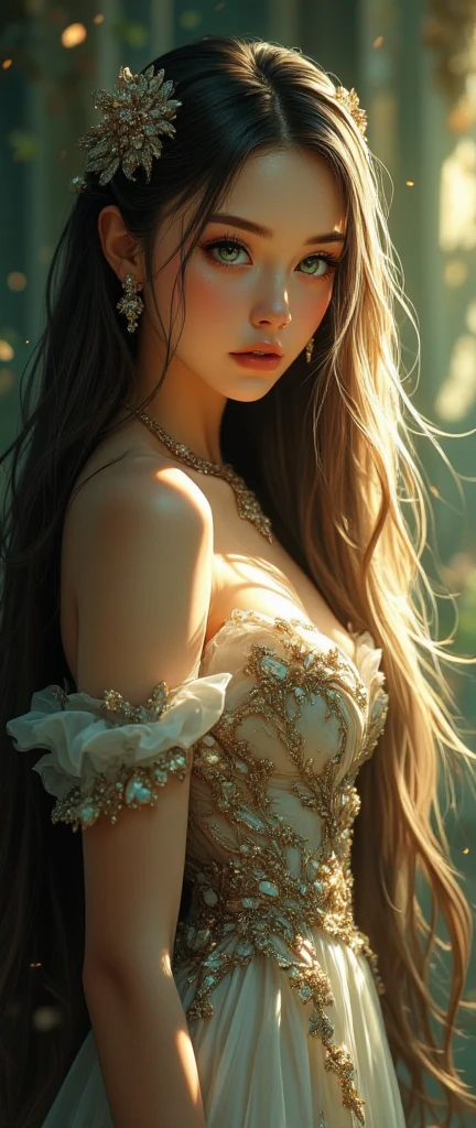 (Foto CRU, melhor qualidade), (realista, Fotorrealista: 1,3), melhor qualidade, altamente detalhado, obra-prima, ultra detalhado, illustration, Uma garota , parte superior do corpo, Dynamic English, Obra-prima do mundo, long messy hair, melhor qualidade, extremamente detalhado Unidade de papel de parede 8k , pintura, Incredible, cinematic lighting, reflexo de lente,
roupa estilo oriental , luxuosa , era , nobreza , intimate , fundo parede de pedras antigas , castelo da nobreza ,