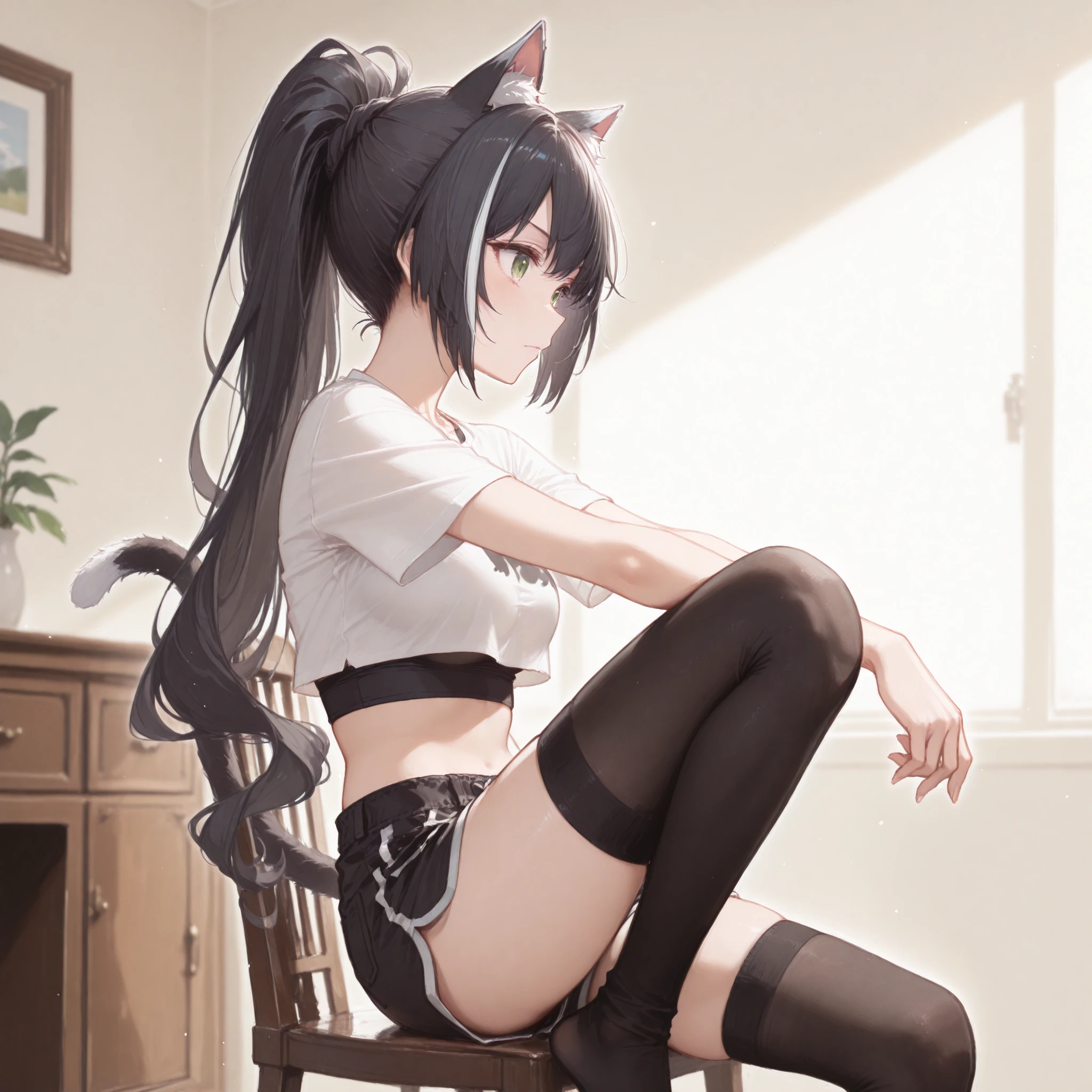 Solo, score_9,score_8_up,score_7_up, kemono style, a young nerdy Anthro furry wolf woman, wolf snout, white furry body, tall, long black messy hair, black hair, hair in a pony tail, hair covering one eye, white wolf tail, closed eyes, white wolf ears, white wolf tail, small breasts, wearing black thong, black thigh high socks, exposed toes, feet paws, 4 toes, pink paw pads, crawling, on her hands and knees, annoyed, pouting, putting her ears back, rear view, in a cozy living room,