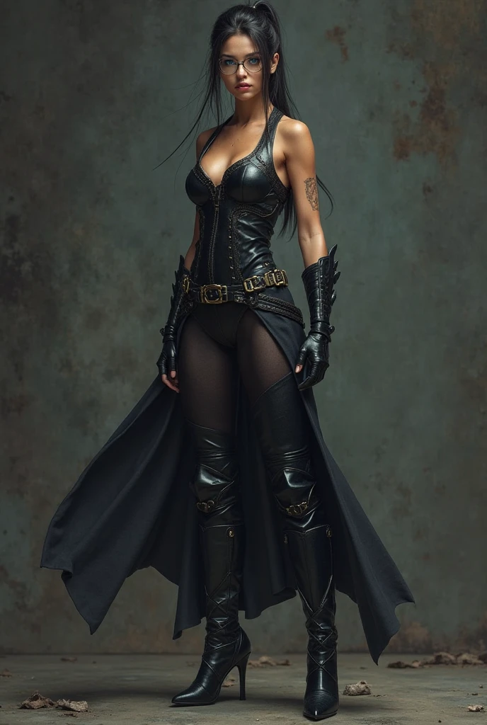 medieval setting, full body shot, sexy beauty sensual woman, green eyes, grey hair, red mouth, tall muscular body big round breasts broad shoulders, leather armor, black leather pants, in front of the ruined altar of an ancient gothic cathedral at night in the moonlight in dense fog