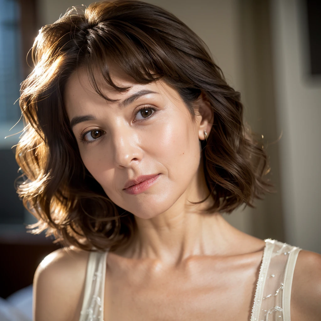 65 years old,(Mature Woman:1.2), Captivating Gaze,length, old, Gray Hair,Brown eyes, (She has many wrinkles on her face:1.4), (there are many wrinkles on her chest..4),old woman, Fine Lines (8k, High resolution,super high quality, Ultra HD,Surreal,highest quality,Masseter region:1.2)(Big Breasts,Big cleavage:1.1) ,(old woman in Japan), Beautiful purple underwear,Eyes visible through hair, Proper eye position,Cinematic Light,Soft Light,Waist,At night,Soft moonlight,detailed color graded background,Complex, Very detailed,8k,Overall silhouette,restaurant,Looking down