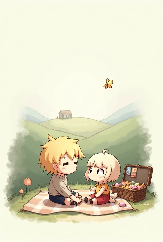 Two babies, Non-adults, boy and girl, Happy girl and very sad boy, One of them is、Climbing a tree surrounded by picnics with snacks