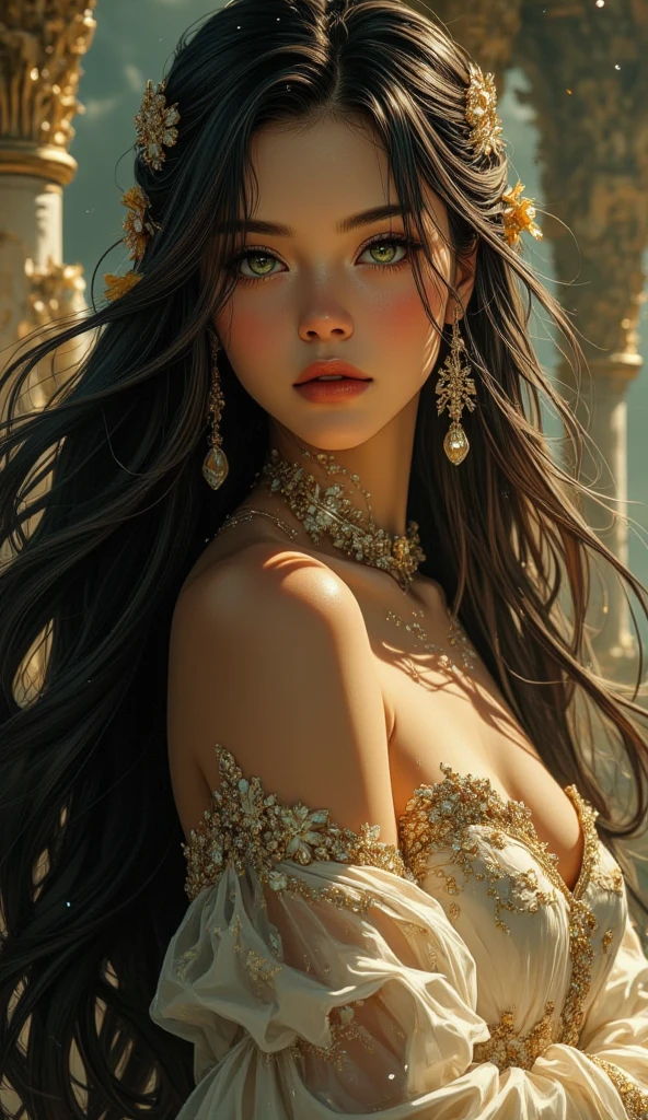 A beautiful princess portrait with long black hair royal modest dress, European lookalike
Covered shoulder with dress also collar bone covered not showing 