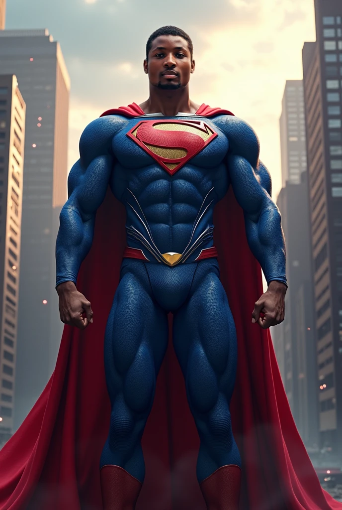 Black man with strong defined abdomen, costume dress of Superman