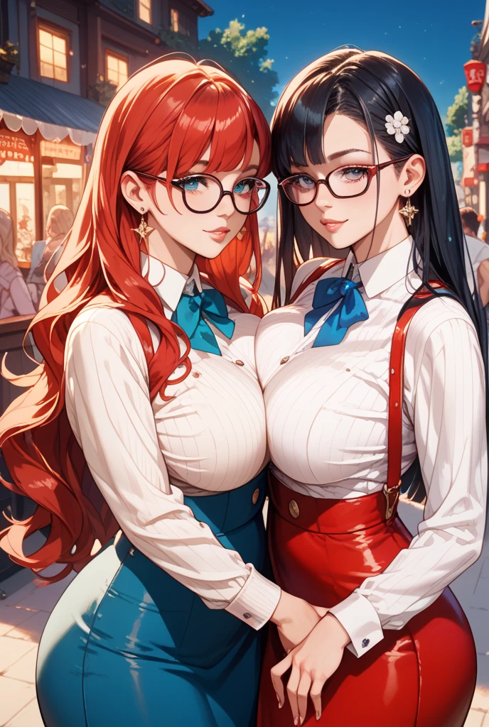 (8k,Super details,best masterpiece,nature,Perfect work of art,perfect female figure),two women,sister and sister,sisters,Rainbow hair,perfect face,(huge),Neighbor's Wife,woman hairstyle,elegant wife,mature and exposed,20 years old,fair skin,messy hair,Perfect sexy body,Wear a fitted and sexy tunic dress,Red lace white bottom strapless short dress,Hot and sexy secretary,wear glasses,Standing in the detailed bathroom,A lot of water was poured on,The whole body is soaked,Want to take off clothes,But happy,Smile,Detail background,necklace,perfect eyes,, T-shaped small size,huge的山雀