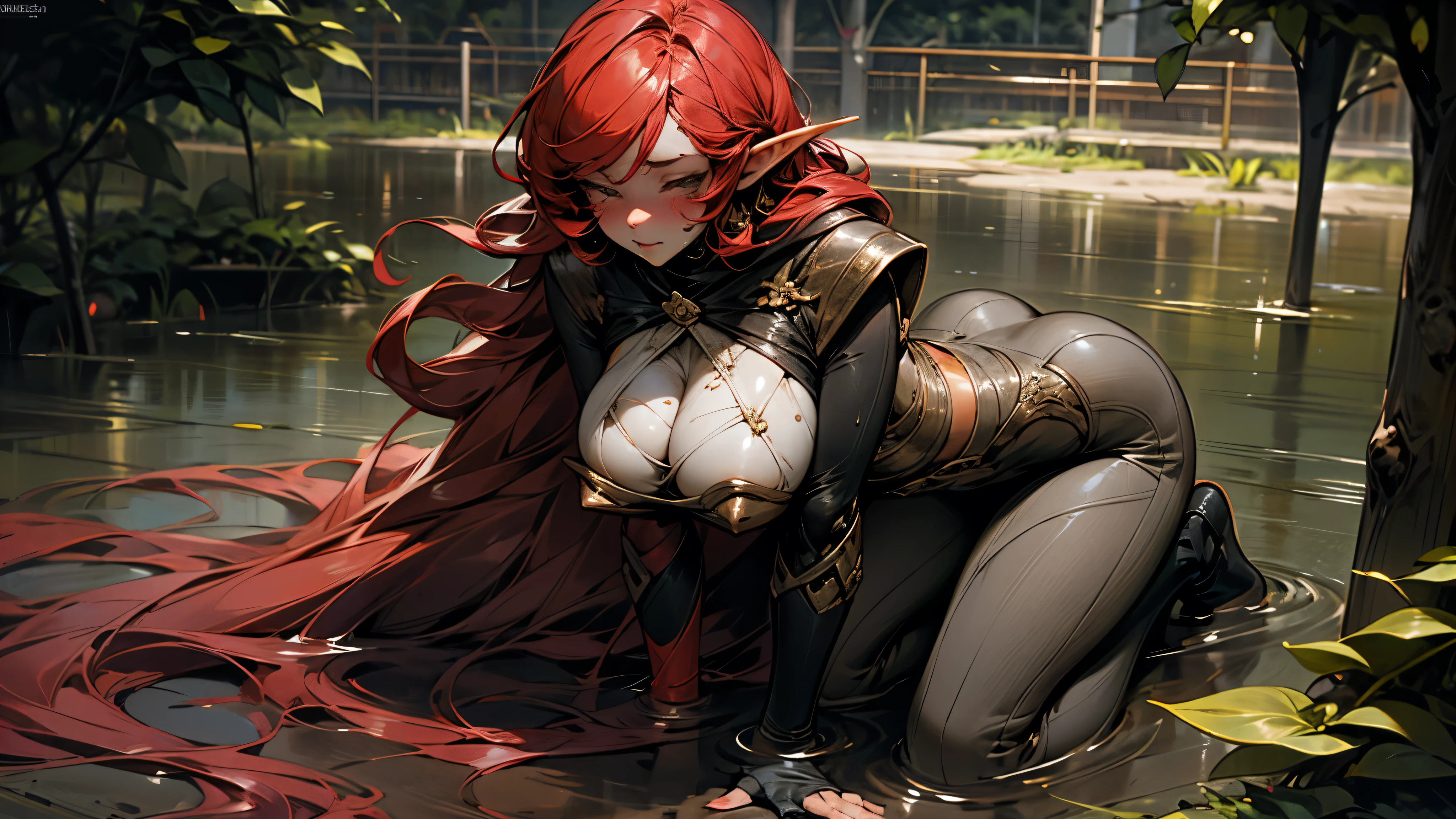 (Original Character、Unity 16K Wallpaper, Masterpiece, Best Quality, Ultra-Detailed, Extremely Detailed CG, Caustics, Cinematic Lighting, Detailed, Beautiful Detailed Eyes, solo), Ultra High Resolution, fine skin, (elf, curby), (strong light)、((brighten the subject)),outdoors,cleavage,blush,cowboy shot,Mysterious,lake,lying:1.2,orange hair