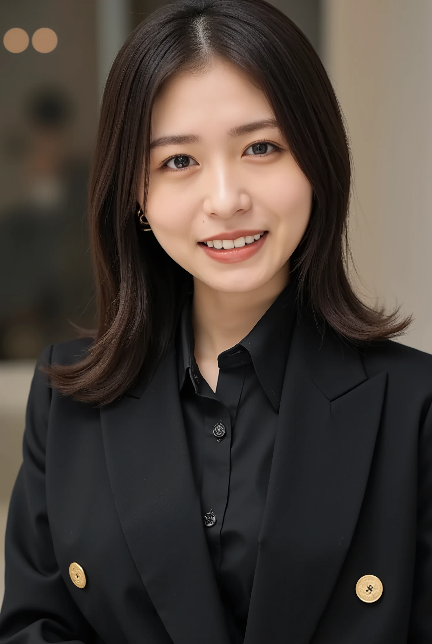 Neat Young Woman、and look at the camera、smile showing teeth、office lady suit、jacket、shirt、耳にピアス、 、dark eyeshadow、upper body、Background is in a room、
