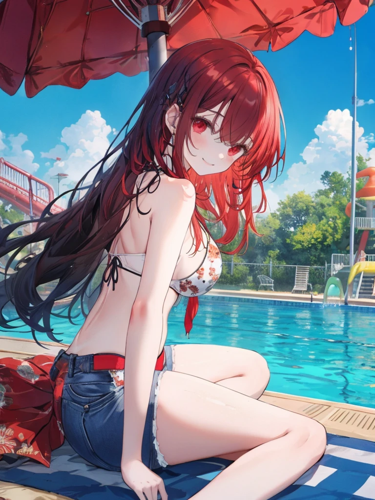 2d, masterpiece, best quality, anime, highly detailed, 5 girl, photo of 5 girl, quintuplets, nakano itsuki, red hair, long hair, star hair ornament, ahoge, large breasts, standing, onsen, red bikini, outdoors, smile, abdominal, abs muscular, belly button, side breasts, back muscles, sitting crossed legs, yoga, aquatic bar with bartender, round table filled with 5 quintuplets
