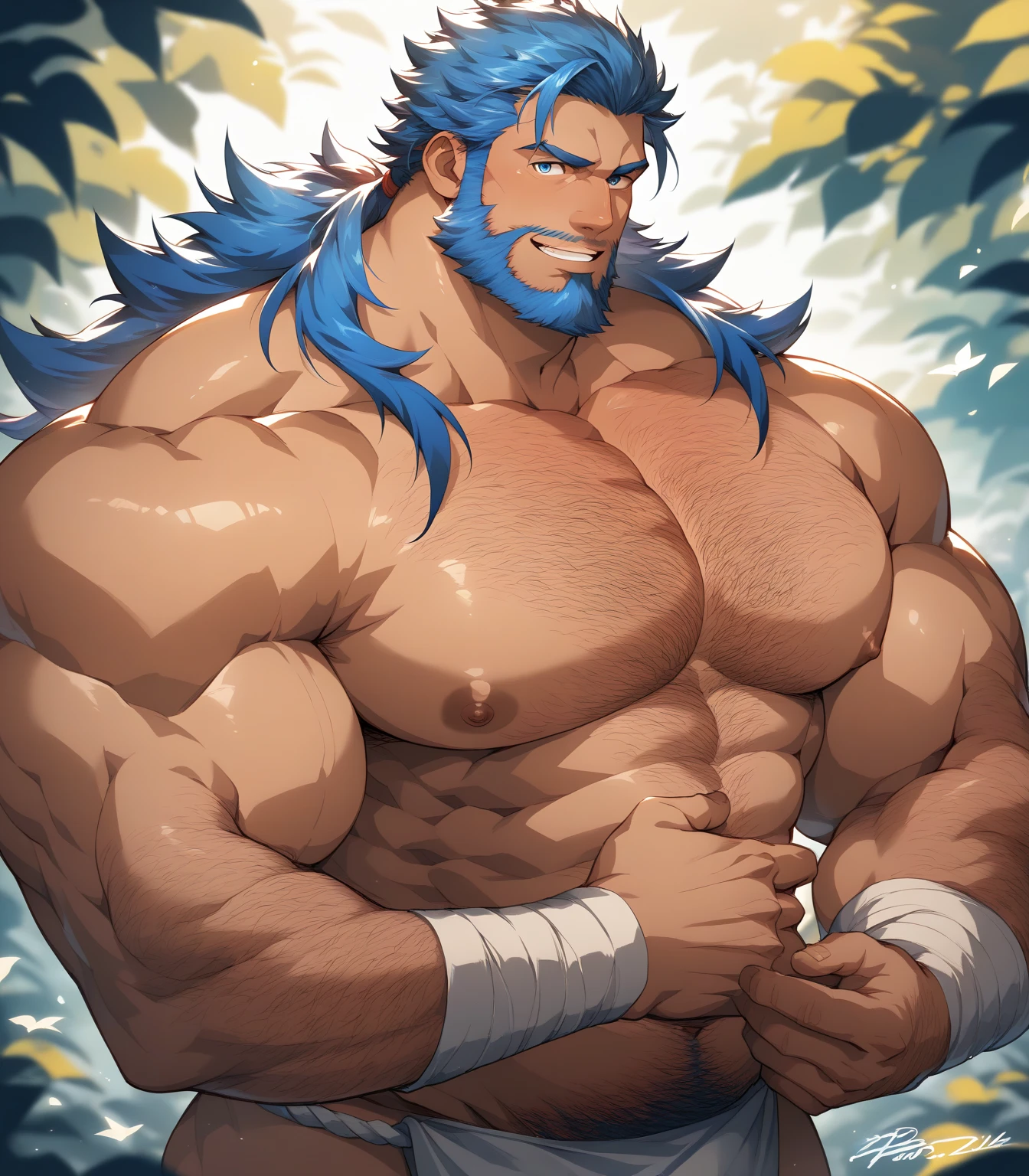 A very muscular, werewolf, chestnut hair, blue eyes, attractive, shirtless, with long, loose hair, who is flexing his biceps and is really attractive and is only in his underwear. 
