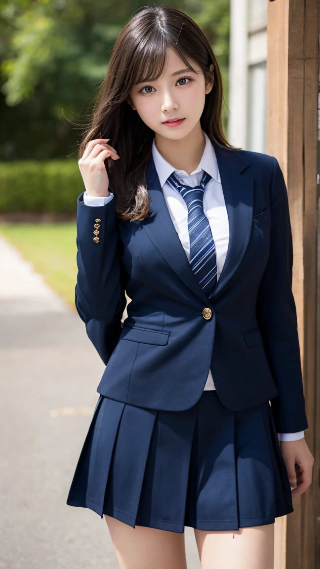8k, highest quality, The true picture, Intricate details, Very detailed, Ultra-high resolution, Depth Field,(Realistic,Realistic:1.2),Tabletop , Front shot , From the center , 1 girl, eye_Chan, Very beautiful 17 year old girl, Innocent big eyes,、Beautiful very huge face and bigger breasts:1.5、Very detailedなeye:1.2)、(Beautiful breasts:1.1)、Wavy Hair、Curly Hair、bangs、, Perfect Skin, Fair skin, Huge breasts, She caresses her breasts through her clothes.、Anxious expression、Cleavage, Tight waist, Slightly reddish, alone, Looking at the audience, A light smile, ((School_uniform),(Dark Blue Blazer), (White shirt、Wear a tie), (Grey pleated skirt), (Sculptural installation :1.1)