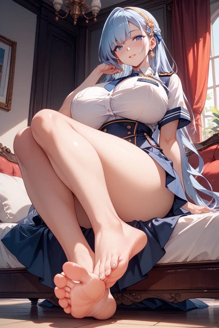 (8K Photo, High resolution, Very detailed, Full body shot, Very detailed, perfect anatomy, NSFW), (Bedroom), (Yukime V4), (alone:1.0),(smile), (Medium chest:1.6, White kimono, detailed, white furisode, detailed), (Beautiful cleavage)of, (wide hips:1.2, Nakajiri:1.3), (white underwear:1.2), (Panties are visible:1.6, Very precise),(Lying down, With legs apart:1.5, big), beautiful long legs,